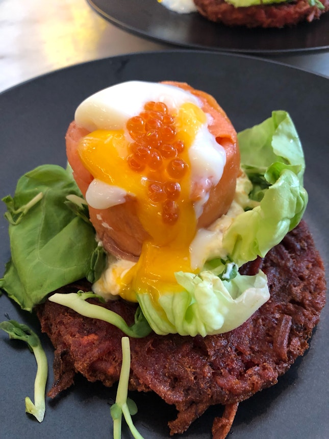 Beetroot Rosti with sous vide egg and smoked salmon