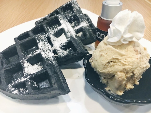 Charcoal Waffles a la mode (with my choice salted caramel ice-cream) [$7.50]