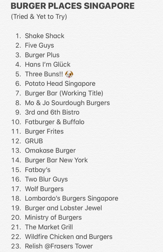 LIST OF BURGER PLACES IN SG
