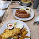 Snapper Fish n Chips, Salmon Cheese Baked Rice, Bangers & Mash