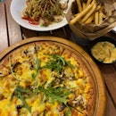 truffle mushroom pizza + seafood aglio olio + spiced fries