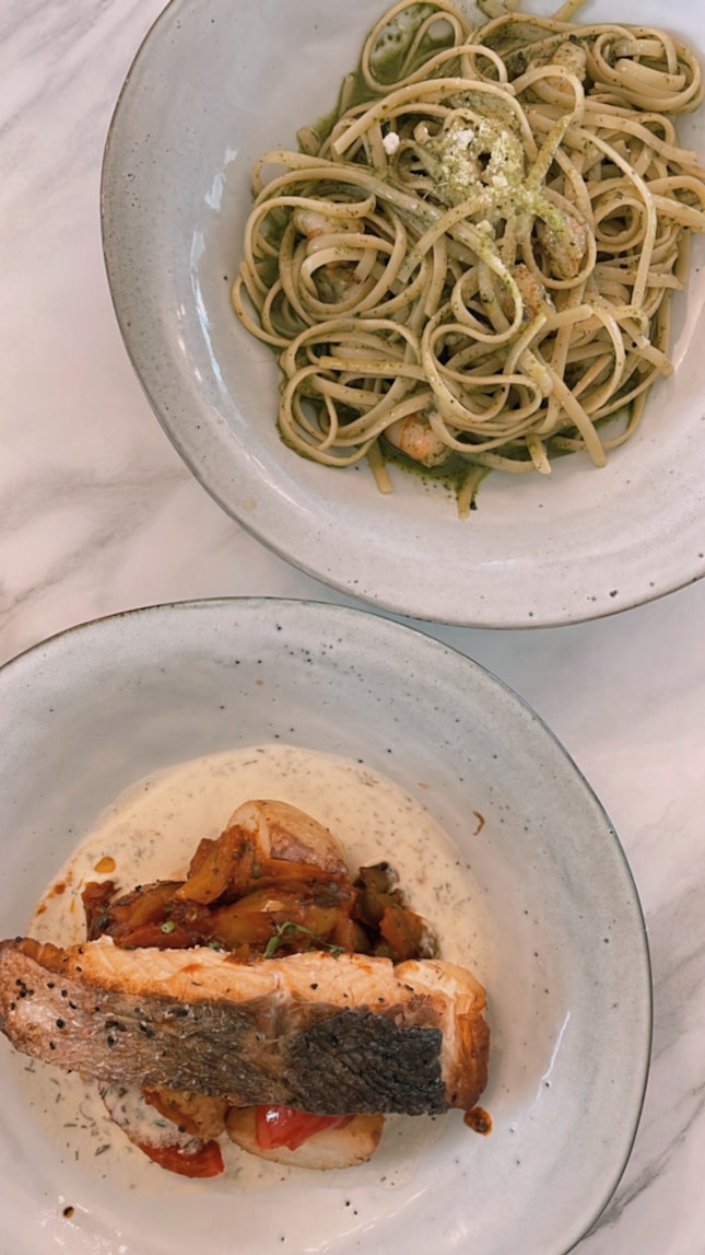 Pesto Pasta and Seared Salmon