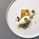 The Early Fatback: Caramelised pineapple, coconut pulp, nata de coco and fromage blanc sorbet from Rhubarb Le Restaurant's 3-course lunch menu.