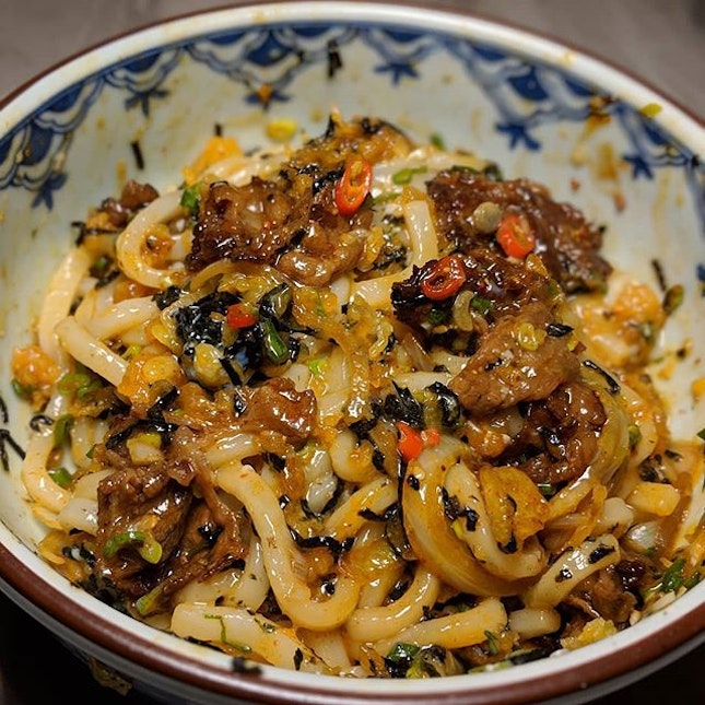 Spicy Dry Beef Ma-ze Udon from the new menu at Omoté (@omotesingapore).