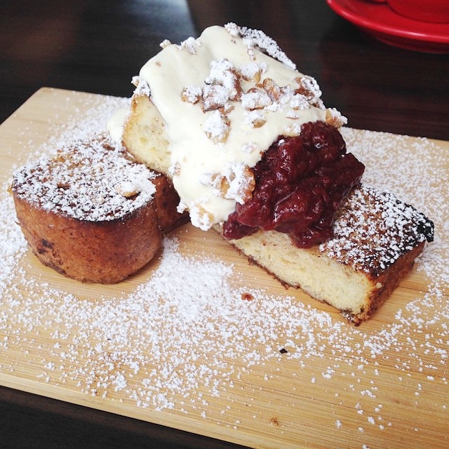 Fluffy and moist brioche coupled with candied walnuts, tart berry compote and fresh cream.