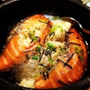 Yummy salmon don in hot stone bowl~