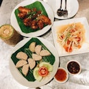 Fried Chicken, Steamed Thai Sausages, Som Tam (Green Papaya Salad) With Dried Shrimp, Sticky Rice 