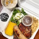 Combo Grill - Chicken Chop, Lamb Chop and Pork Bratwurst served with Corn Cob & Aglio Olio ($14.50)