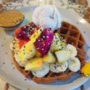 Buckwheat waffle with fruits, Vanilla Coconut ice-cream & Almond butter [THB160]