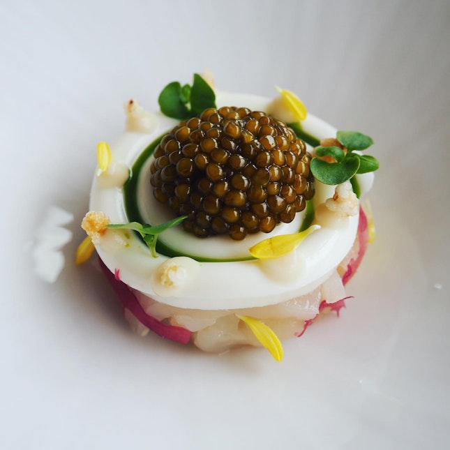 4 Course Lunch. First Starter: Caviar [$158] + Wine Pairing [$90] 