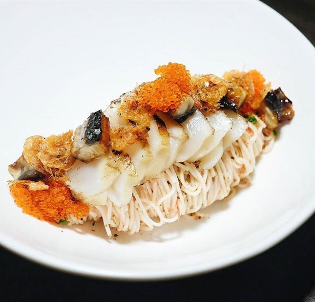 Cold Mentaiko Somen ($18) - tangles infused with a light smokiness crowned with slices of charred scallop, tobiko, crispy prawns and unagi.