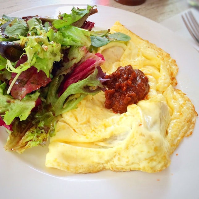 Omelette with Sugar Cured Prawns & Sweet Sambal