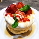 Double Strawberry Souffle Pancakes with Maple Syrup ($17.80)