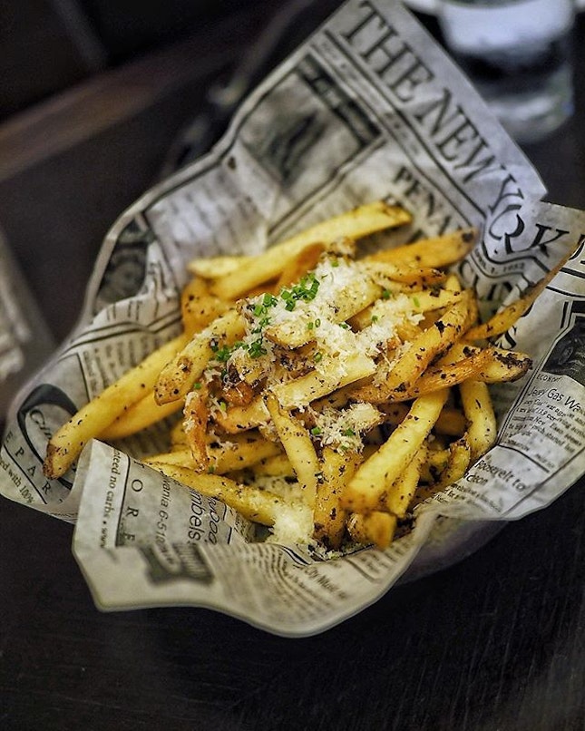Opus Over-the-Top-Fries ($15.00++) from @opusbarandgrill Foie Gras fat, black truffle purée with parmesan.