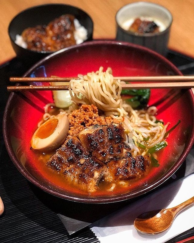 Unagi Tantan Men ($19.80++) Silky ribbons of ramen noodles stranded in a robust mixture of chicken broth blended with Peanuts & Sesame Paste, capped with spicy minced pork & ajitama.