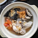 Grandpa's Pomfret Soup ($16.80) threadfin collagen broth, sliced pomfret fish, dried scallops, traditional Teochew accompaniments, jasmine rice
.
