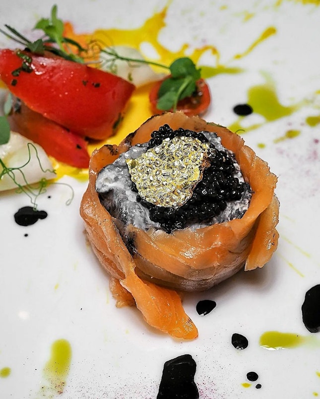 Squid Ink-infused Putignano Burratina with Cherry Wood-Smoked Organic Salmon and Avruga Caviar