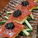 Big Eye Tuna, Marinated Loin of Tuna set on Toasted Bread with Wasabi and Sea Grape