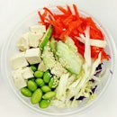 Lunch: cold soba, tofu, carrot, cucumber, purple & white cabbage, edamame , sesame seeds.