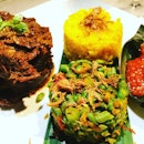 Beef rendand with coconut rice, green beans with dried shallots and sambal...