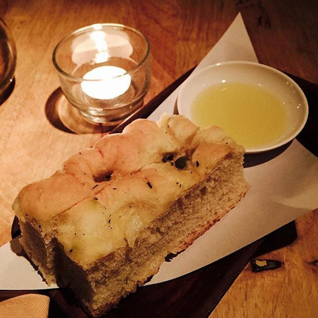 This olive foccacia was served piping hot with roasted onions over the top.