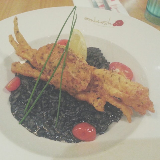 Squid ink risotto with soft shell crab ($18.90++)