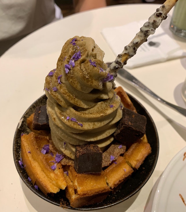 Hojicha Soft Serve with Waffles and Brownie Cubes ($8.50)