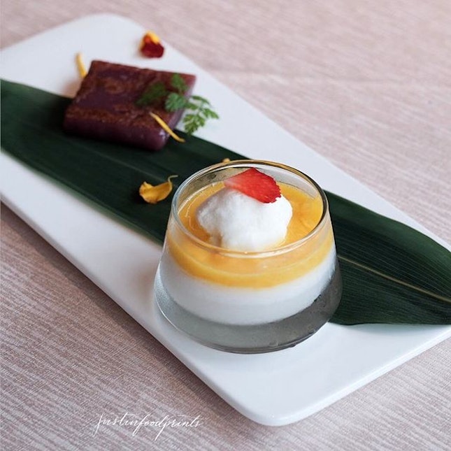 Chilled Coconut Jelly with Mango Puree served with Coconut Ice-cream (included in $148++ per person menu onwards).