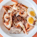 Prawn Noodles with Pork Ribs ($9 large + $1 egg, dry version with soup in a separate bowl).