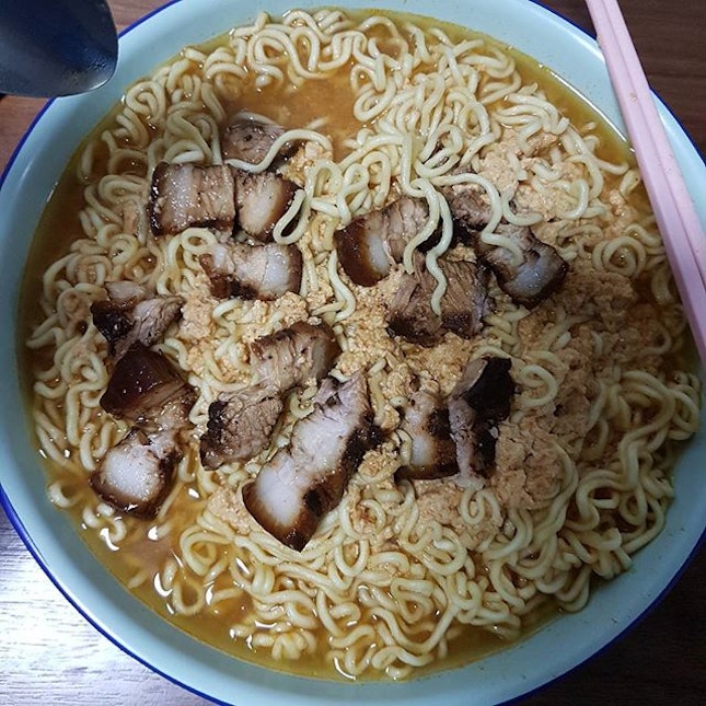 Korean Kimchi flavoured instant noodles with home cooked pork belly meat.