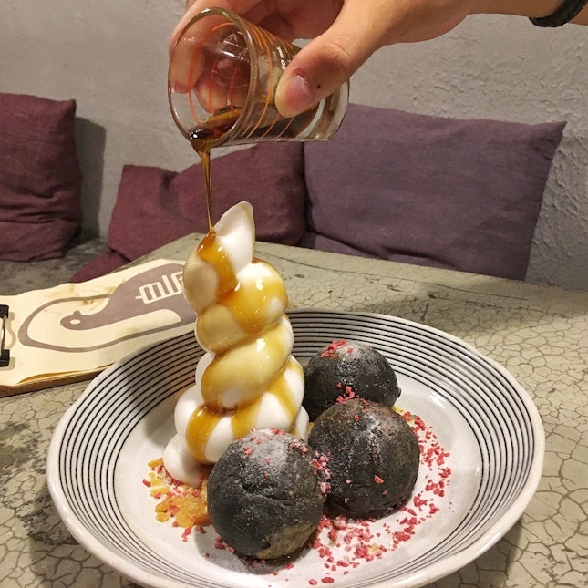 Salted Egg Mochi and Coconut Softserve