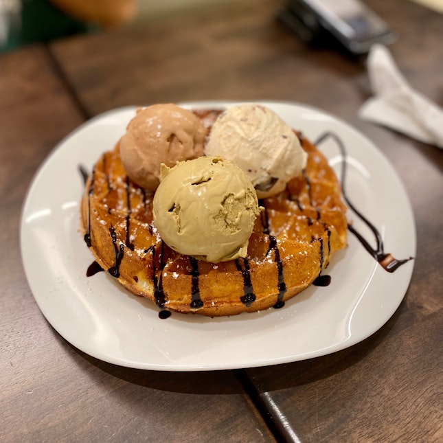 Triple Scoop Ice Cream with Waffles