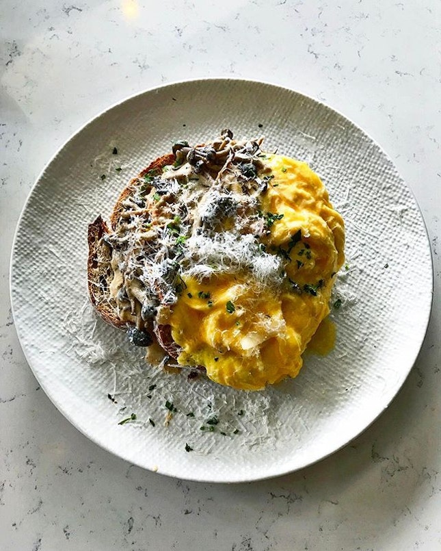 Atlas CoffeeHouse - All Day Brunch - Creamy Mushrooms on Sourdough (💵S$14 + Scrambled Eggs + S$3) White wine Creamy Mushrooms served on Toasted Sourdough, Freshly grated Parmesan Cheese.