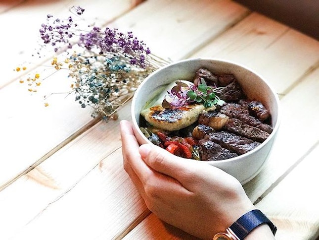 Anarchy Wine + Brew Bar - Invited Tasting - Bowls : Truffle Ribeye bowl with brûléed Foie Gras (💵S$22) "Healthy yet flavourful bowls, served with an option of mixed rice or gluten-free quinoa.