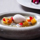 Pineapple soup, coconut sorbet, passionfruit jelly.