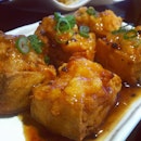Deep fried tofu with prawn.