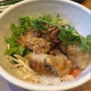Rice Vermicelli with Grilled Pork & Deep Fried Spring Roll