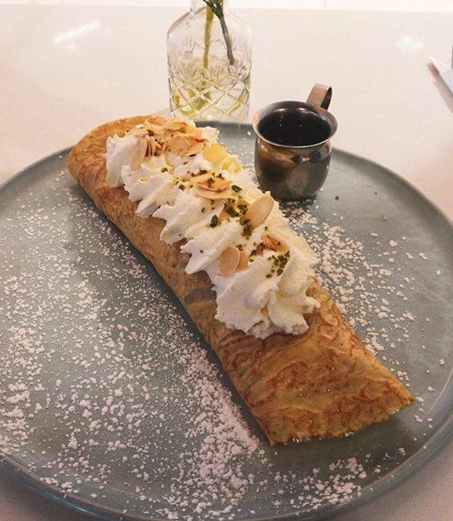 Do NOT Even Go There menu — French style crepe, vanilla custard, berries, banana, fresh whipped cream, Sicilian pistachio, and almonds.