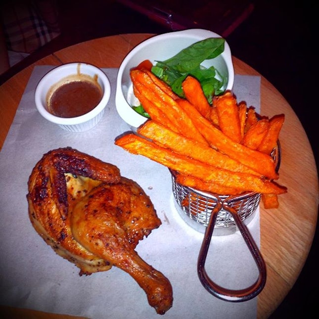 The Half Spring Chicken (SGD$13.00) - half day Whiskey marinated spring chicken with grain mustard and fresh herbs, served with sweet potato fries and mseclun salad.