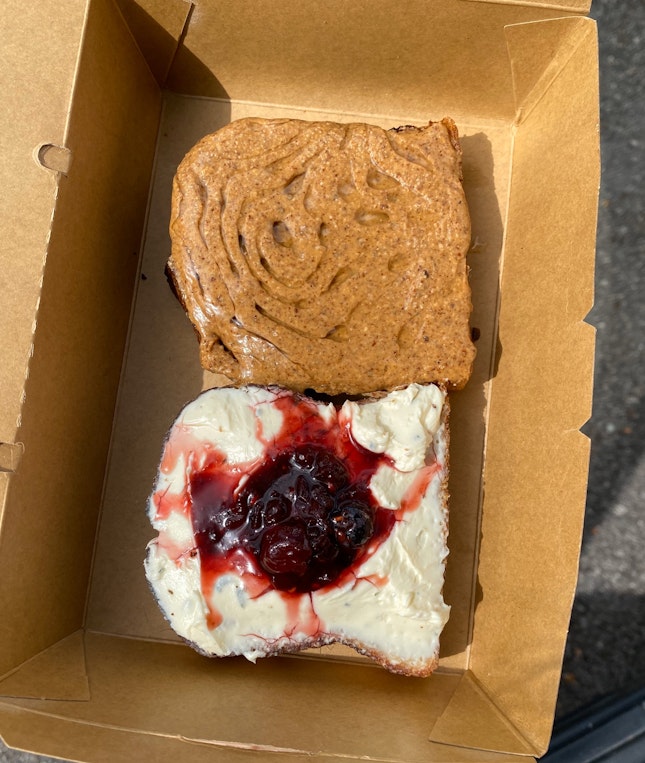 Nut Butter + Honey + Sea Salt Toast ; Sage Cream Cheese + Berry Compote Toast ($5 each)