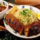 Roast Pork Belly/ Yakibuta Tsukemen with red dipping sauce.