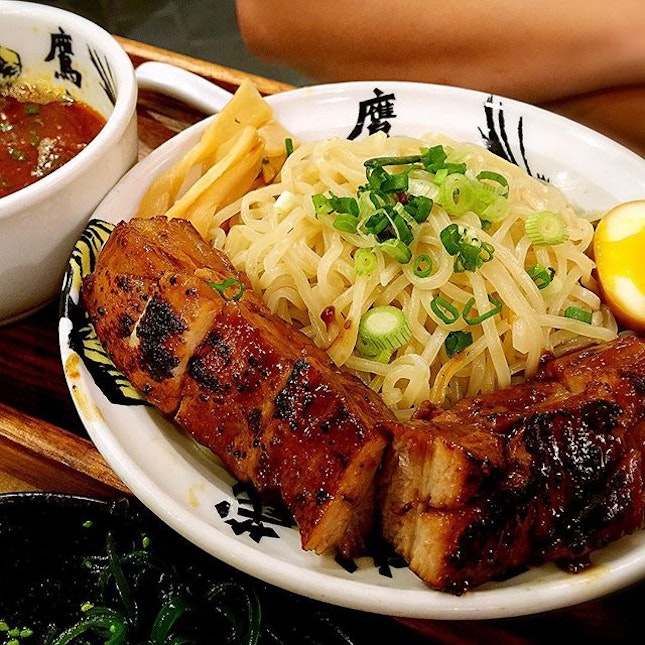 Roast Pork Belly/ Yakibuta Tsukemen with red dipping sauce.