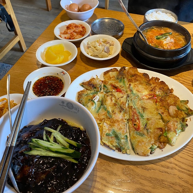 Jjajang Myeon • Seafood Pancake • Doin Jang Jji Gae