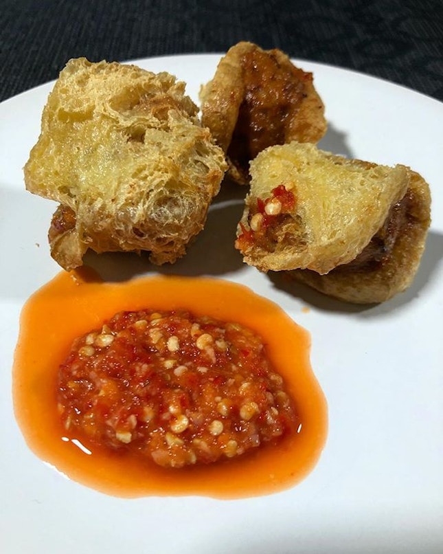 Seafood mousse or otah and blood cockles stuffed in tau pok, deep fried.