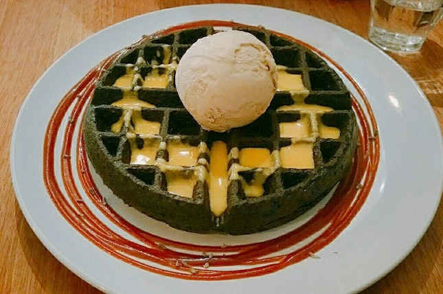 Charcoal Waffles With Salted Egg yolk Sauce