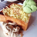 #MollyCoddle at Blk 30 Kelantan Road, This is the Cheeky Cheddar, 2" honey toast with cheddar cheese topped with Kyoto Matcha and Salted Caramel Ice cream.