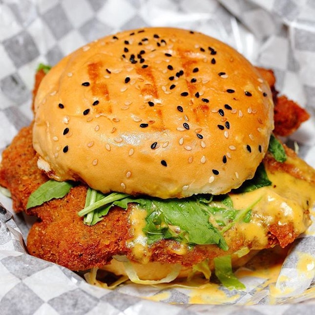 [The Burger Bar] - The Yellow Burger, Chicken burger with salted egg yolk sauce.