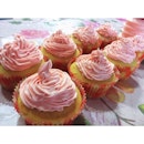 Homemade vanilla cupcakes// with strawberry butter icing.