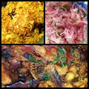 Mom's humble Sunday lunch: chicken biriyani, onion sambal & country chicken curry!