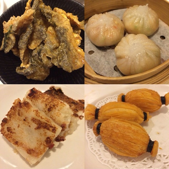 Part 3 - Crispy fish skin with salted egg yolk, steamed truffle dumpling with lobster, pan fried turnip cakes and baked durian pastry.